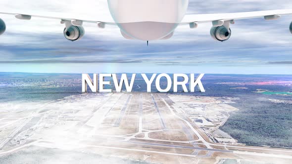 Commercial Airplane Over Clouds Arriving City New York