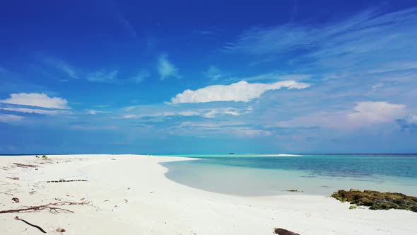 Aerial flying over travel of paradise island beach journey by blue water with clean sand background 