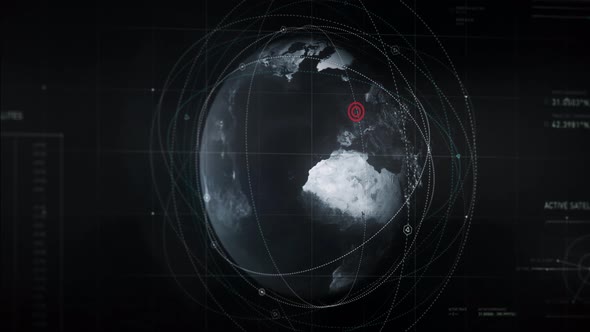 Satellites orbiting screen. Data and informations. UK. tracking software. UI alt