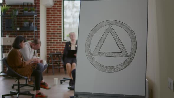 People Meeting at Aa Support Group Therapy with Sign on White Board to Cure Alcohol Addiction