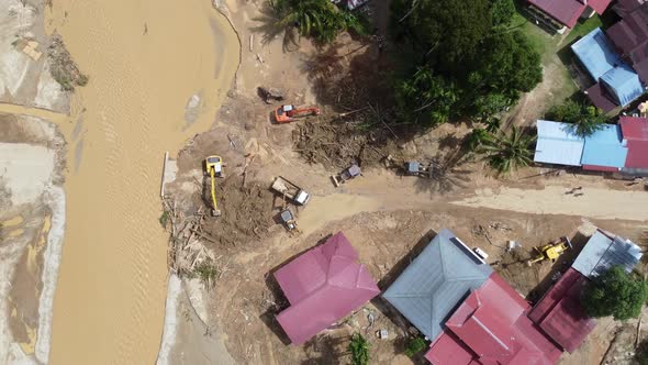 Aerial view recovery of village after flash flood