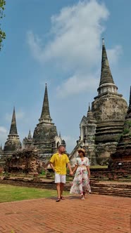 Ayutthaya Thailand at Wat Phra Si Sanphet Couple Men and Women with a Hat Visiting Ayyuthaya