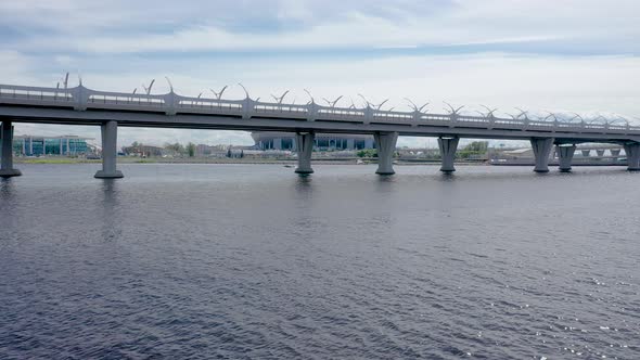 Aerial Drone slow tracking Shot of the Western High-Speed Diameter Bridge, Gulf of Finland in Saint