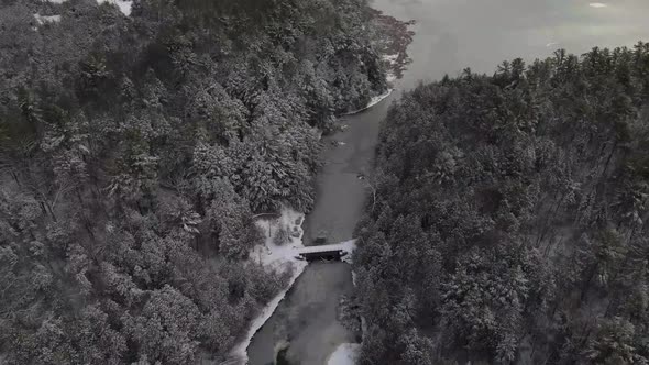 aerial fresh snow covered trees by river