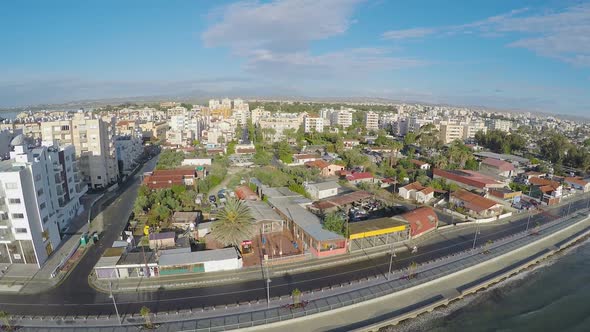 Panorama of seafront in Larnaca city, resort town in Cyprus, aerial view