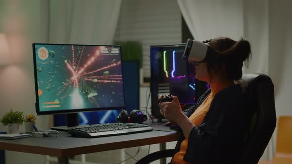 Furious Woman Gamer Wearing Virtual Reality Headset Losing Space Shooter