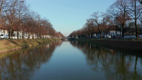 Canals in Munich Residential Neighbourhood on Beautiful Winter Day with Clear Blue Sky, Aerial