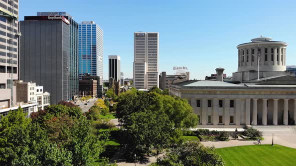 Ohio Statehouse in downtown Columbus Ohio - aerial drone footage