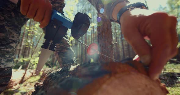 The forest worker measures the thickness and length of the sawn tree trunk with a special ruler.