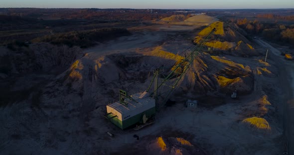 Walking Excavator in the Sand Pit. Aerial