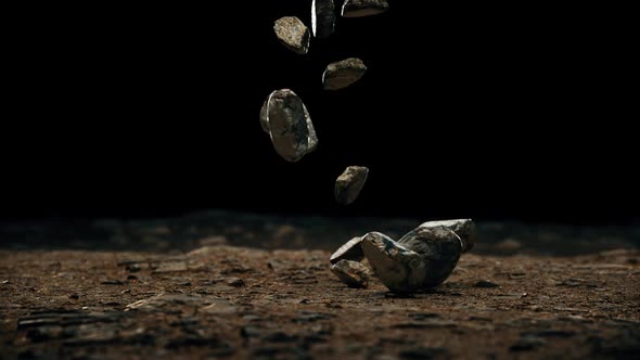 Stone rocks falling to the ground on a dark background. Slow motion video.