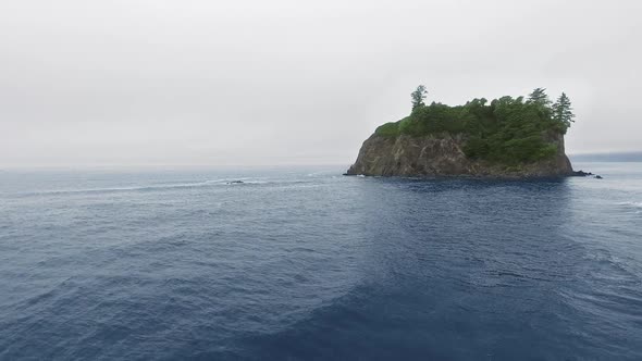 Drone shoots rocks and cliff in the ocean near Ruby Beach, Olympic National Park, Washington, USA