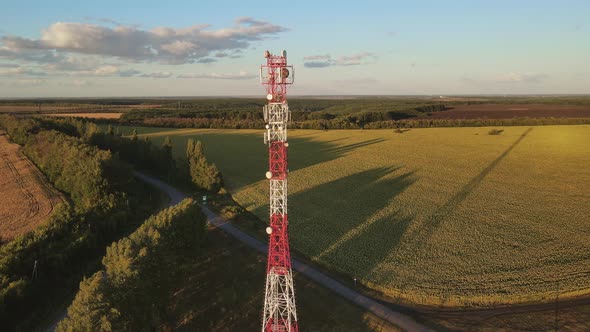 Cell site of telephone tower with 5G base station transceiver