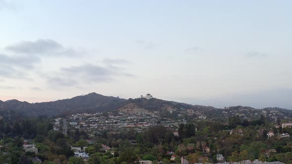 Aerial, landscape view of the Griffith Observatory, drone view