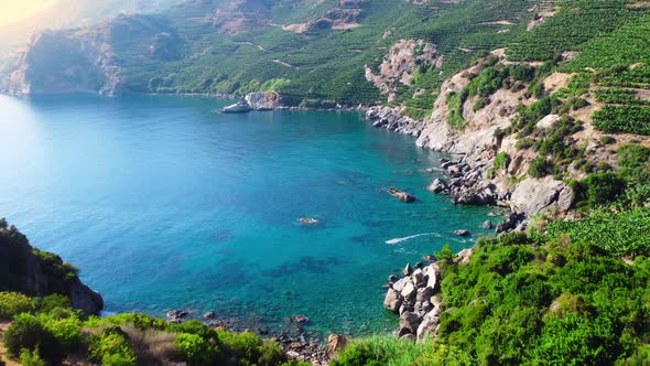 Mountain on the Seashore Turquoise Sea and Green Trees Aerial View Landscape Beautiful Coastline and