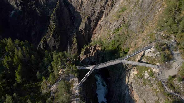 Aerial flight over new viewing bridge at precipitous Voring falls, Norway