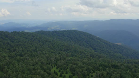 Green forest on mountains of Manzherok under white clouds