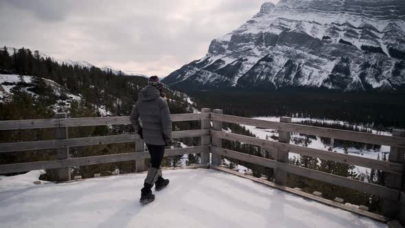 Young Female Hiker Discovers Stunning Lookout of Mount Rundle in Banff Alberta Canada, Wide Angle Ha