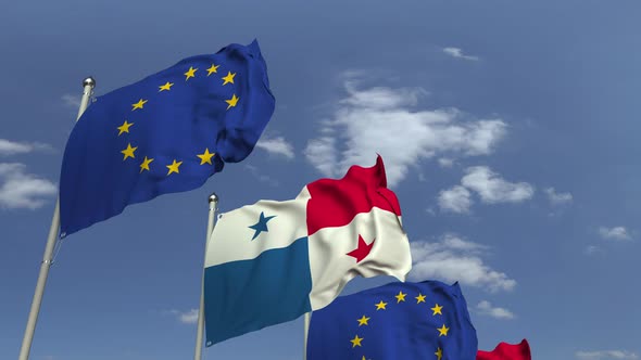 Row of Waving Flags of Panama and the European Union