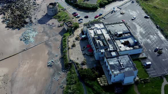 Aerial top-down view over buildings