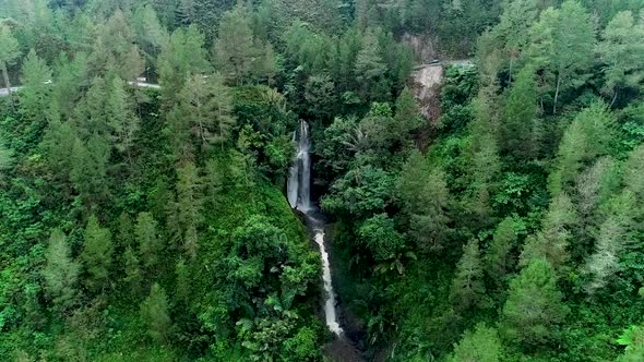 Aerial drone view of Janji Waterfall, Bakkara, Humbang Hasundutan, North Sumatra Indonesia