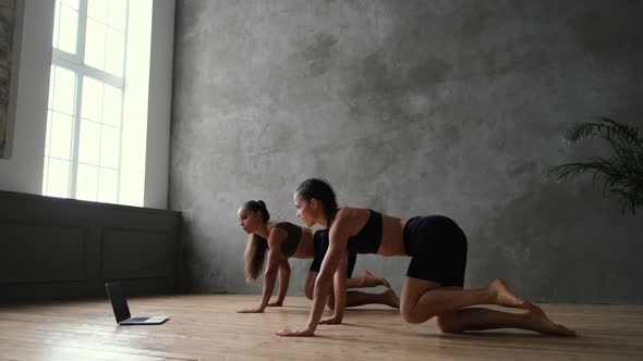 Young Athletic Twin Girls Do Exercises at Home Using a Laptop Computer. Healthy Lifestyle Concept