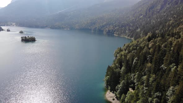 Beautiful drone video of an lake and mountains, eibsee in bavaria