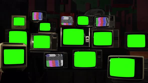 Old Television Sets Turning On and Off Green Screens with Color Bars. 4K Version.