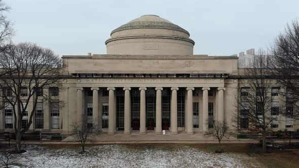 MIT Killian Court Drone Aerial View, Snow on Grass