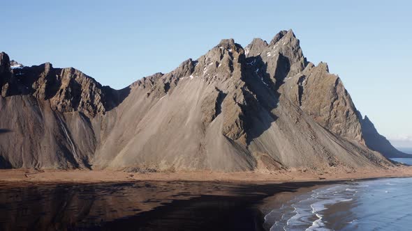 Drone Above Tide And Beach With View Of Vestrahorn