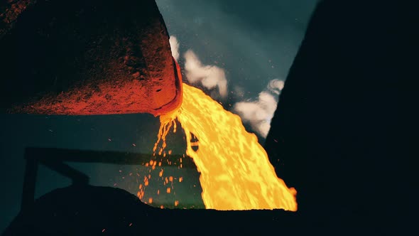 Flow of Molten Steel Pouring From the Tank