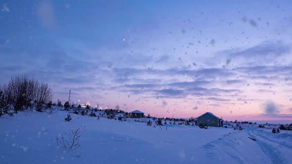 Amazing Winter Landscape with Romantic Foggy Sunset