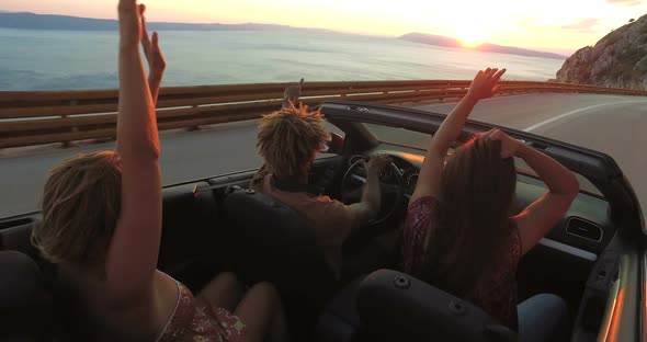 Handsome black man partying with friends while driving in convertible at sunset