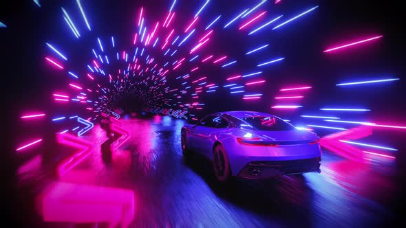 A sports car rushes through a neon tunnel with direction signs. Infinitely looped animation.