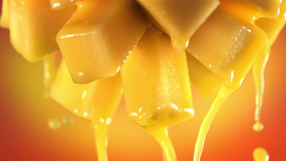 Flowing Mango Juice From Half Slide Mango  Macro Shot in Slow Motion