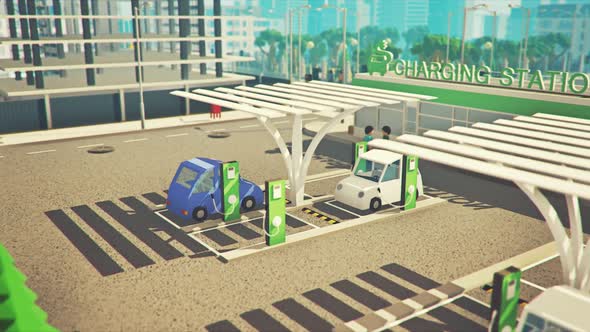 Low poly animation. View of the city with the electrical charging station.