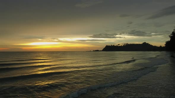 Aerial view of sunset reflection over the water, Ko Chang, Thailand.