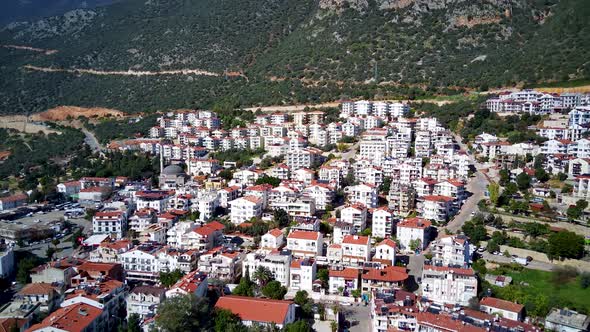 The top view from the drone of Kas resorts, bay, yahts, city in Mugla in Turkey