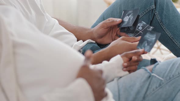 Closeup Unrecognizable African Couple Future Parents in Jeans Afro American Man Husband and Black