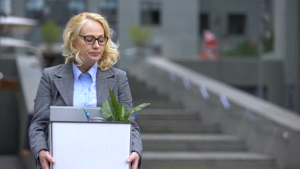 Depressed Female Worker Holding Stuff Box, Dismissal Stress Pension Unemployment