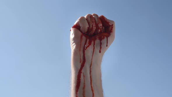 Man Raises His Bloody Hand Clenched Into Fist Outdoors on Sunny Day Red Blood Pouring Down Blue Sky