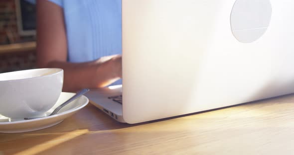 Businesswoman using laptop in cafÃ©