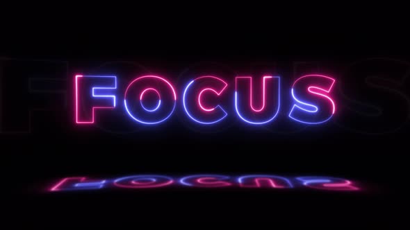 Neon glowing word 'FOCUS' on a black background with reflections on a floor. Neon glow signs alt
