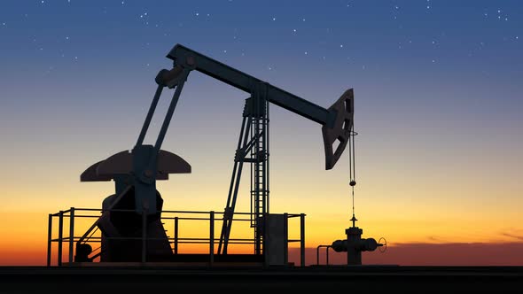 Oil Pump Jack Extracting Crude Oil Under Starry Sunset Sky