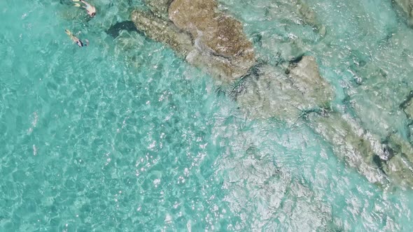 Group of scuba divers near coastline of Crete island, aerial top down view