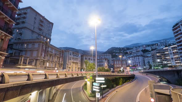 Timelapse of traffic in Monaco at dusk
