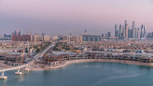 Jumeirah Palm Island Skyline Day to Night Timelapse in Dubai UAE