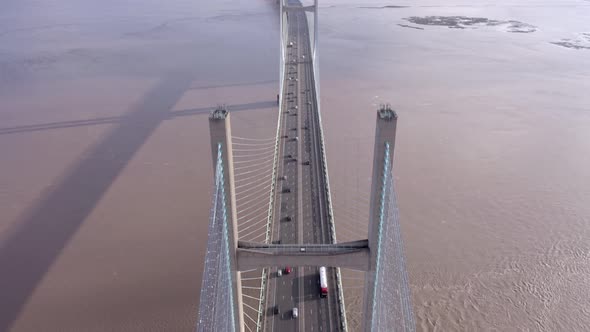 Vehicles Crossing the Second Severn Bridge Between England and Wales Aerial View