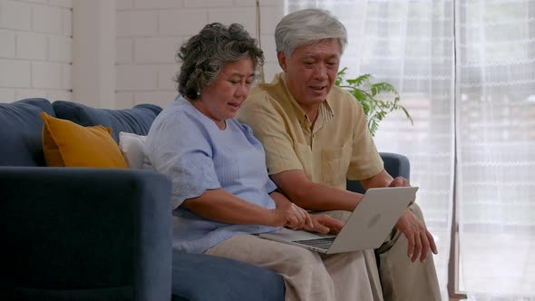 Asian senior couple using laptop searching online shopping.