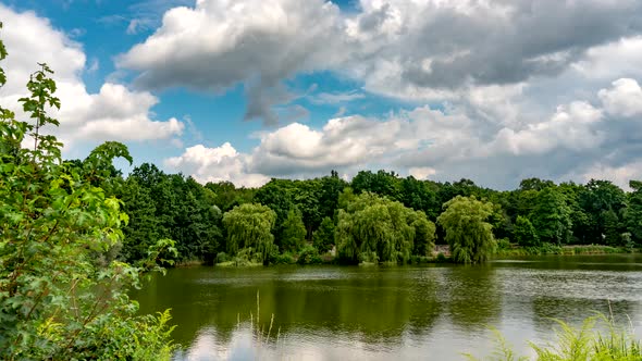 Calm lake in green city park.